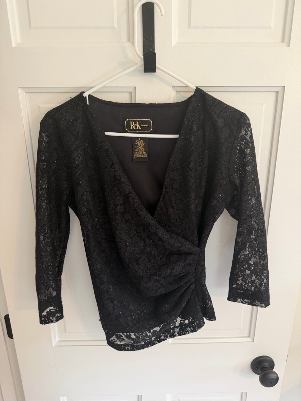 R&K Evening Black Glitter Lace Faux Wrap Top Size 6 Party Cocktail